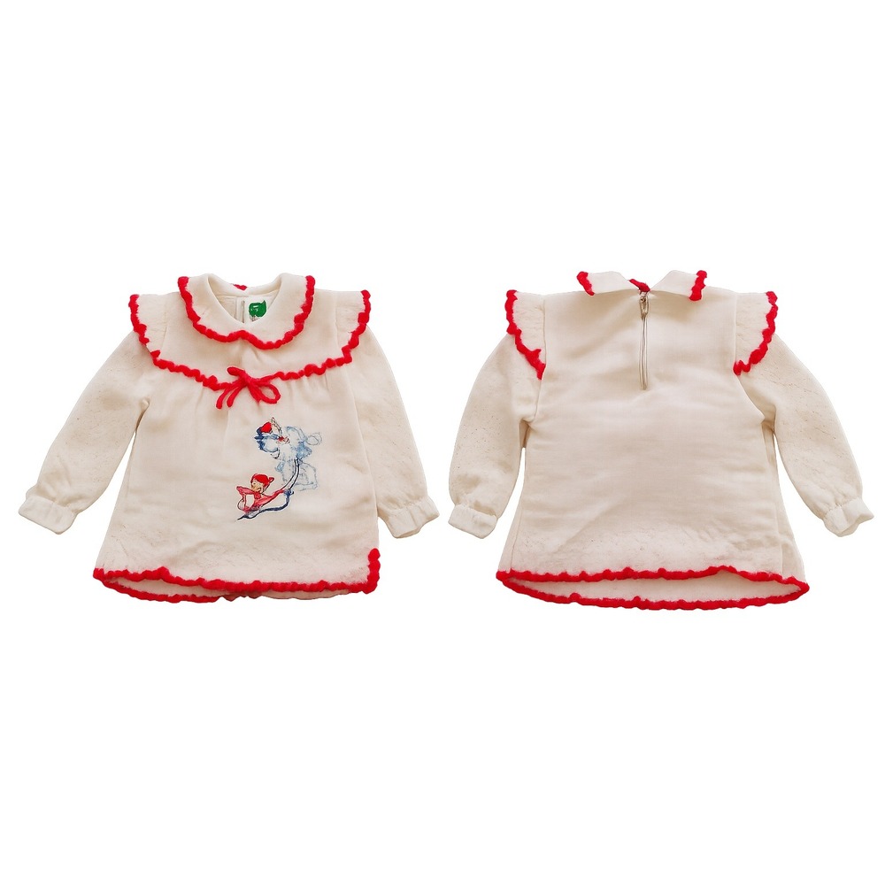 Bull Frog Knits Sweater Top Kids Cream Red 18M-2T Vintage Pointelle Ruffle